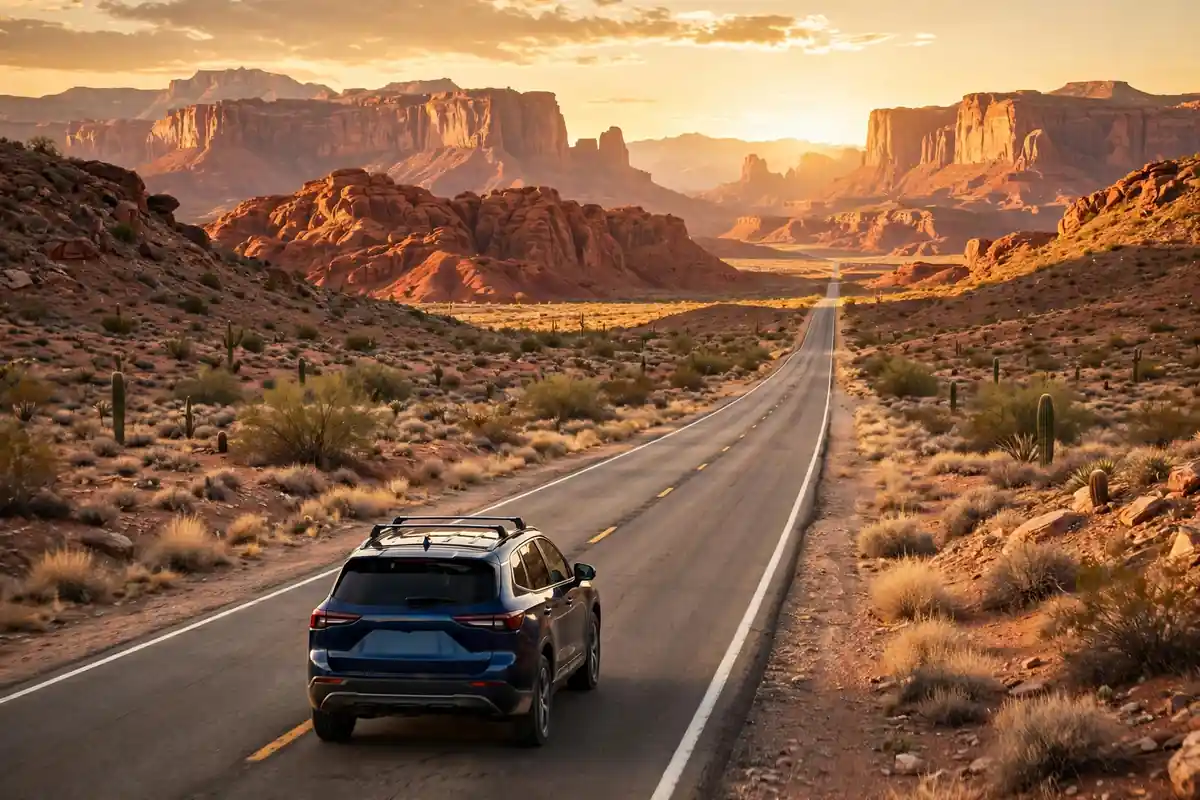 Car on a scenic American desert highway at golden hour — USA road trip cost guide